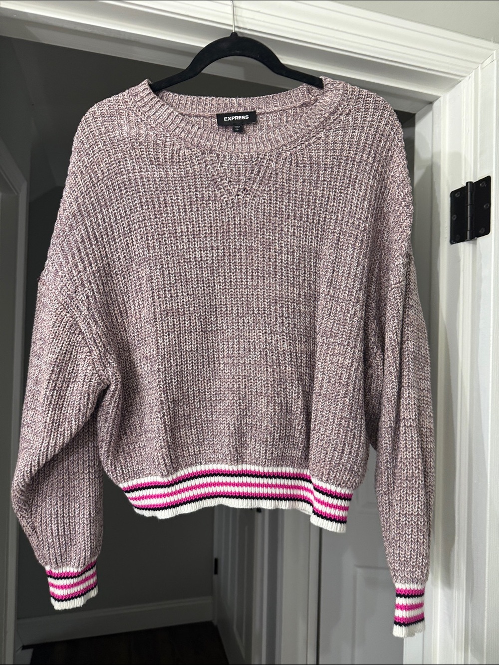 Express Pink Marled Crewneck Sweater with Pink & White Striped Trim